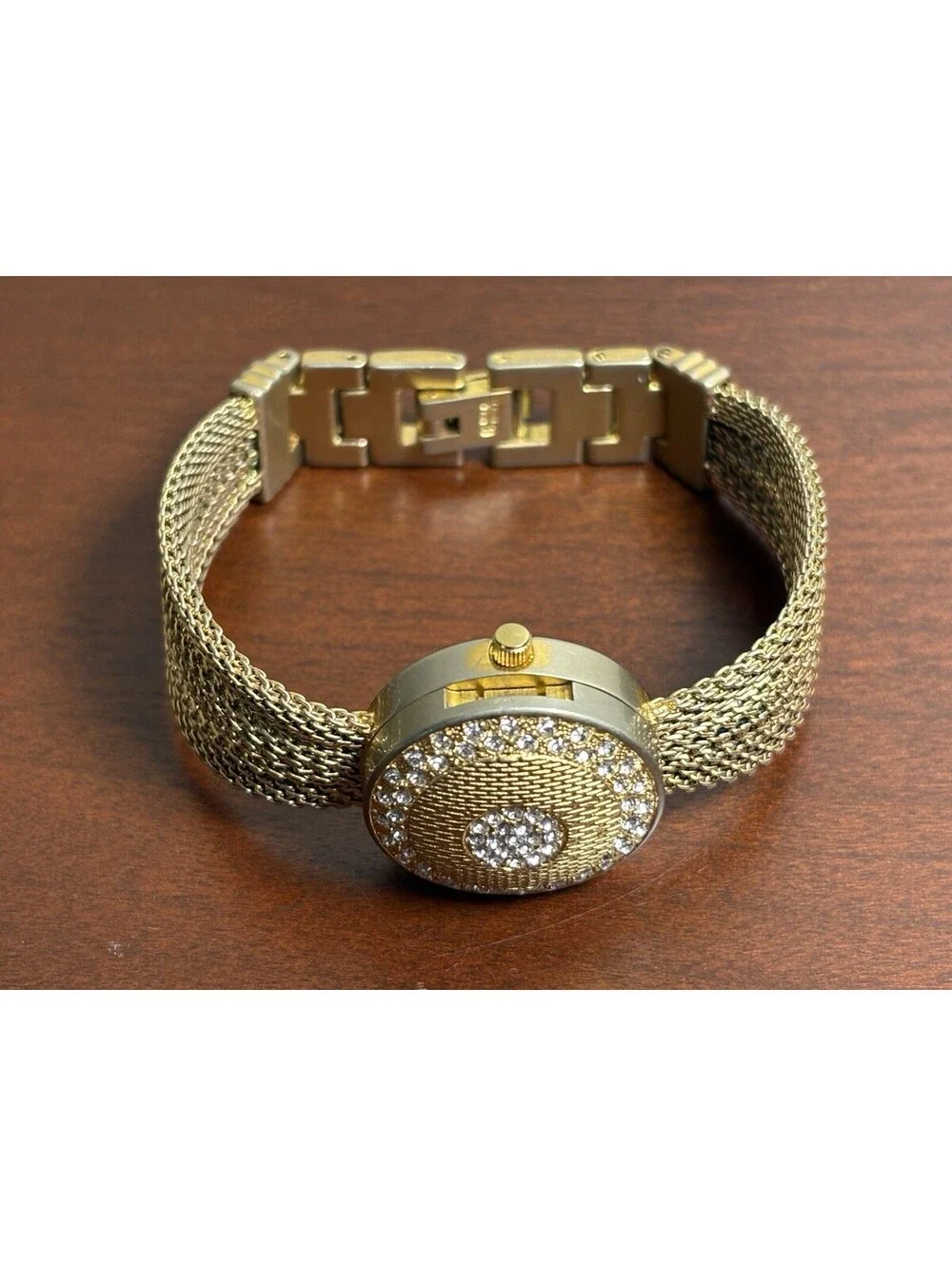 Vintage Anne Klein Gold Tone Secret Mirror Watch Flip Top Mesh Band 10/8688
